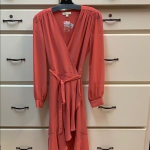 New Coral chiffon wrap dress with ruffles